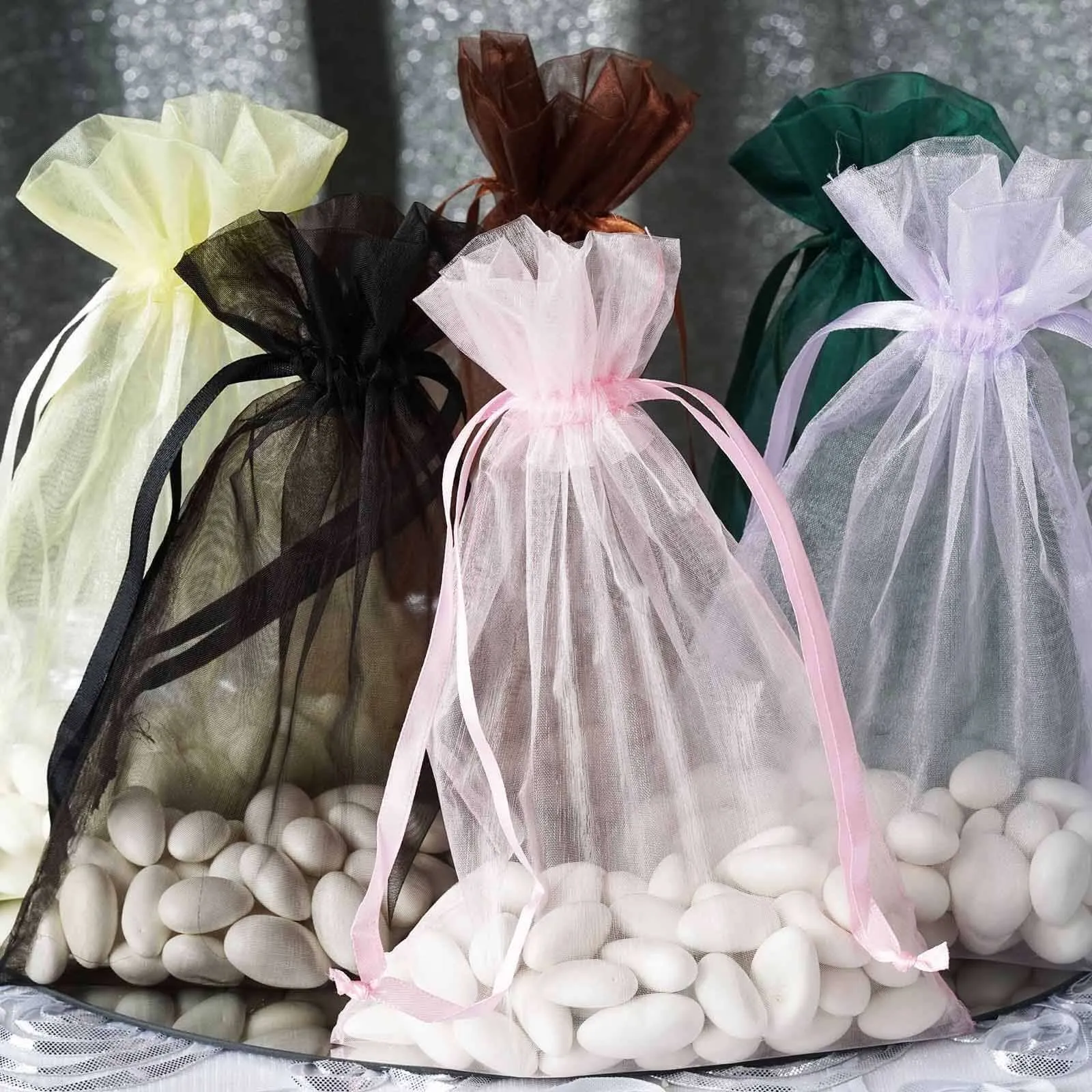 10 Pack Black Organza Drawstring Wedding Party Favor Gift Bags 6"x9"