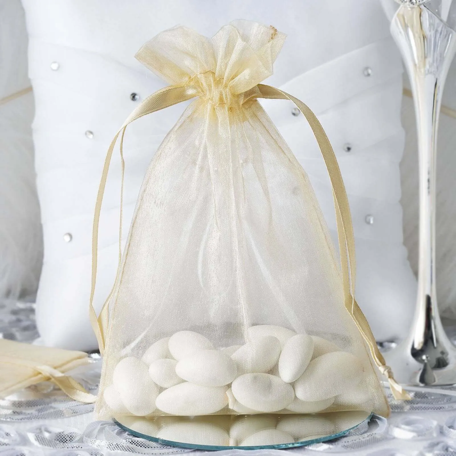 10 Pack Champagne Organza Drawstring Wedding Party Favor Gift Bags 5"x7"