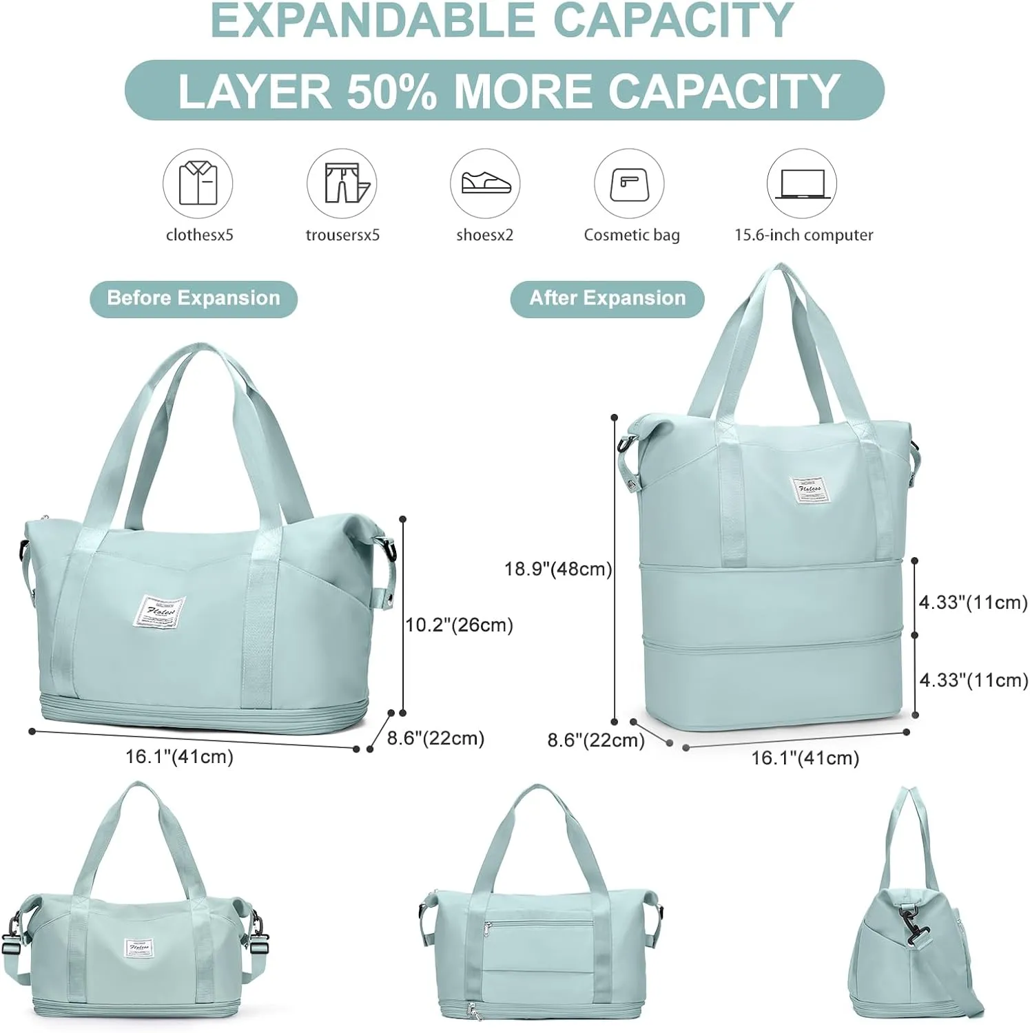 Expandable Travel Duffle Bag for Women Men, Large Gym Bag Travel Tote Bags, Waterproof Carry On Personal Item Bag Airline Approved, Overnight Workout Weekender Bag with Luggage Sleeve, Light Blue