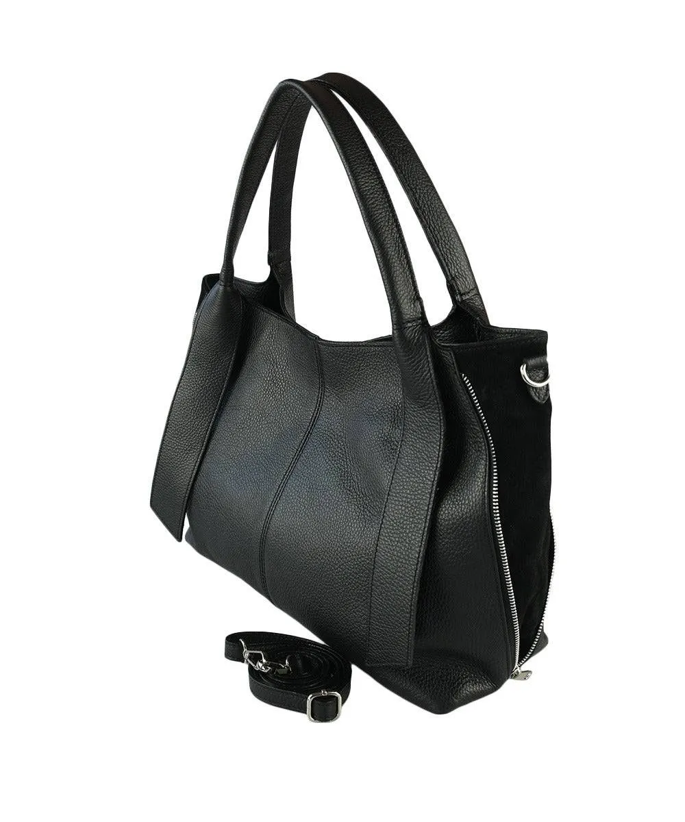 Large Expandable Black Leather Handbag Detach Shoulder Strap Handmade In Italy