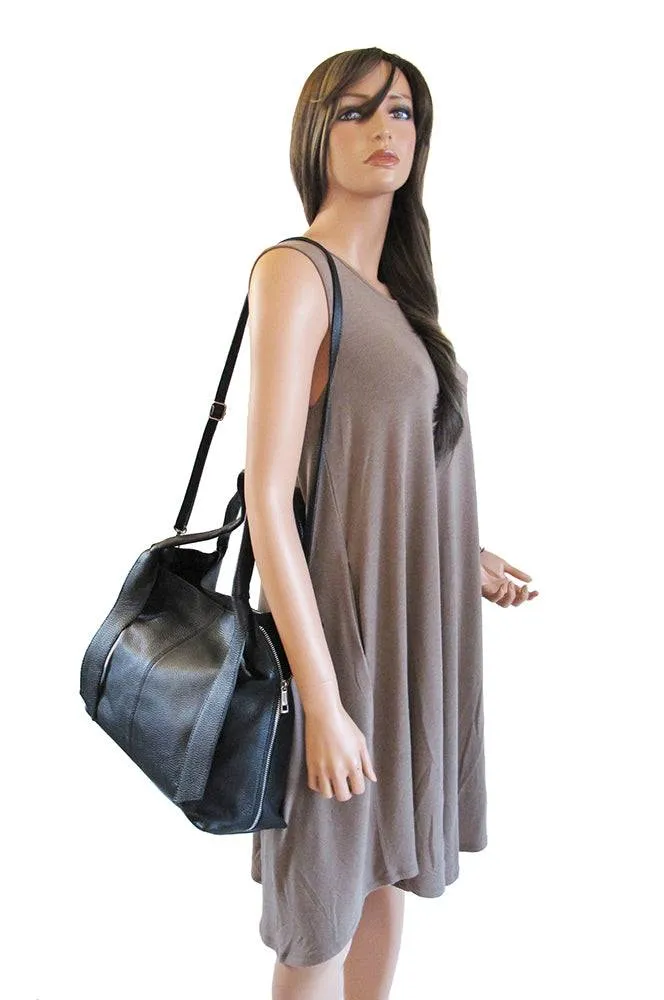 Large Expandable Black Leather Handbag Detach Shoulder Strap Handmade In Italy