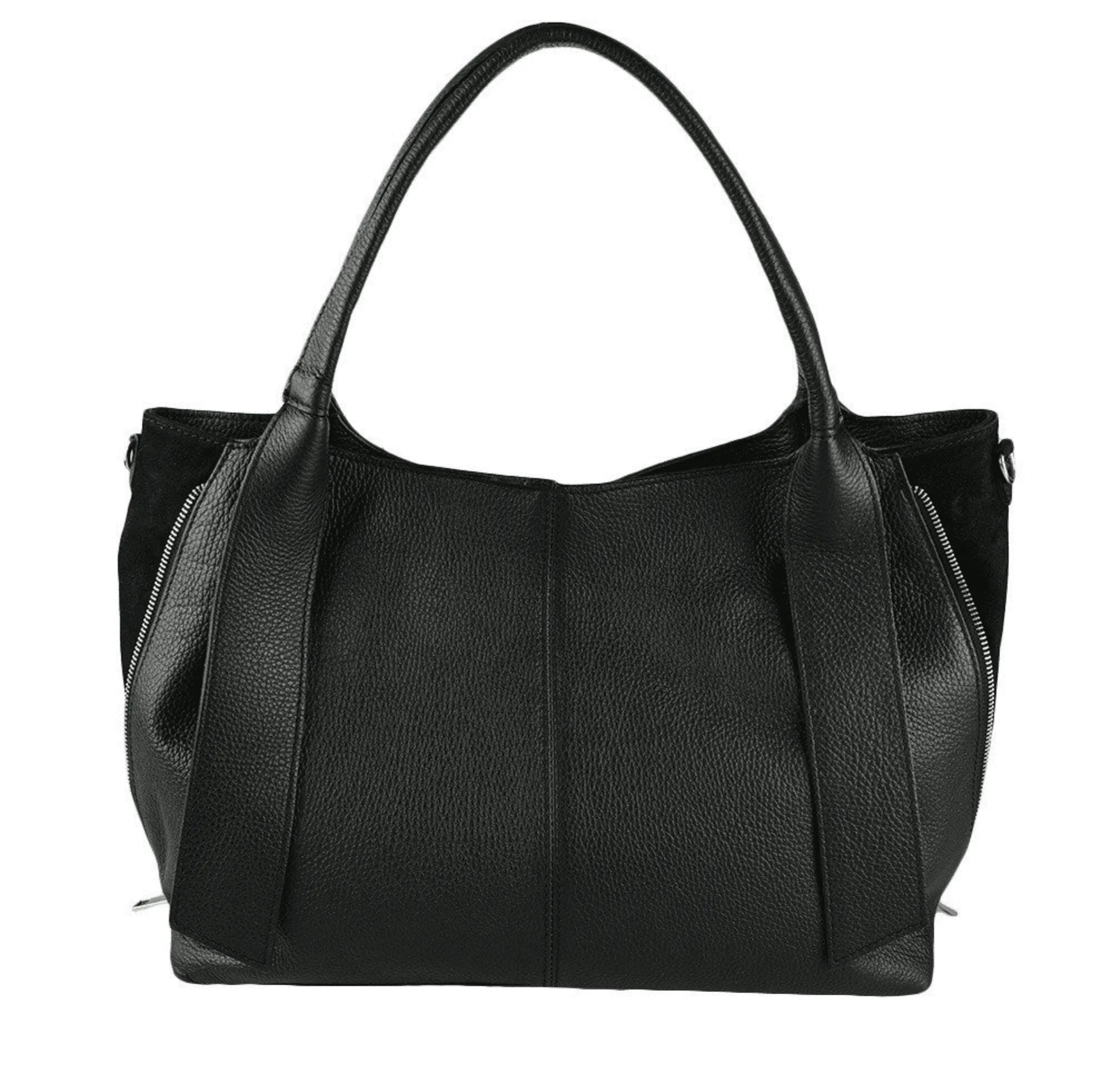 Large Expandable Black Leather Handbag Detach Shoulder Strap Handmade In Italy