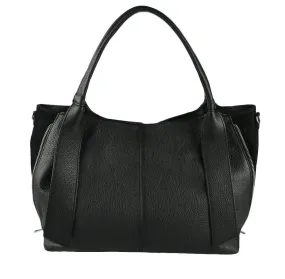 Large Expandable Black Leather Handbag Detach Shoulder Strap Handmade In Italy