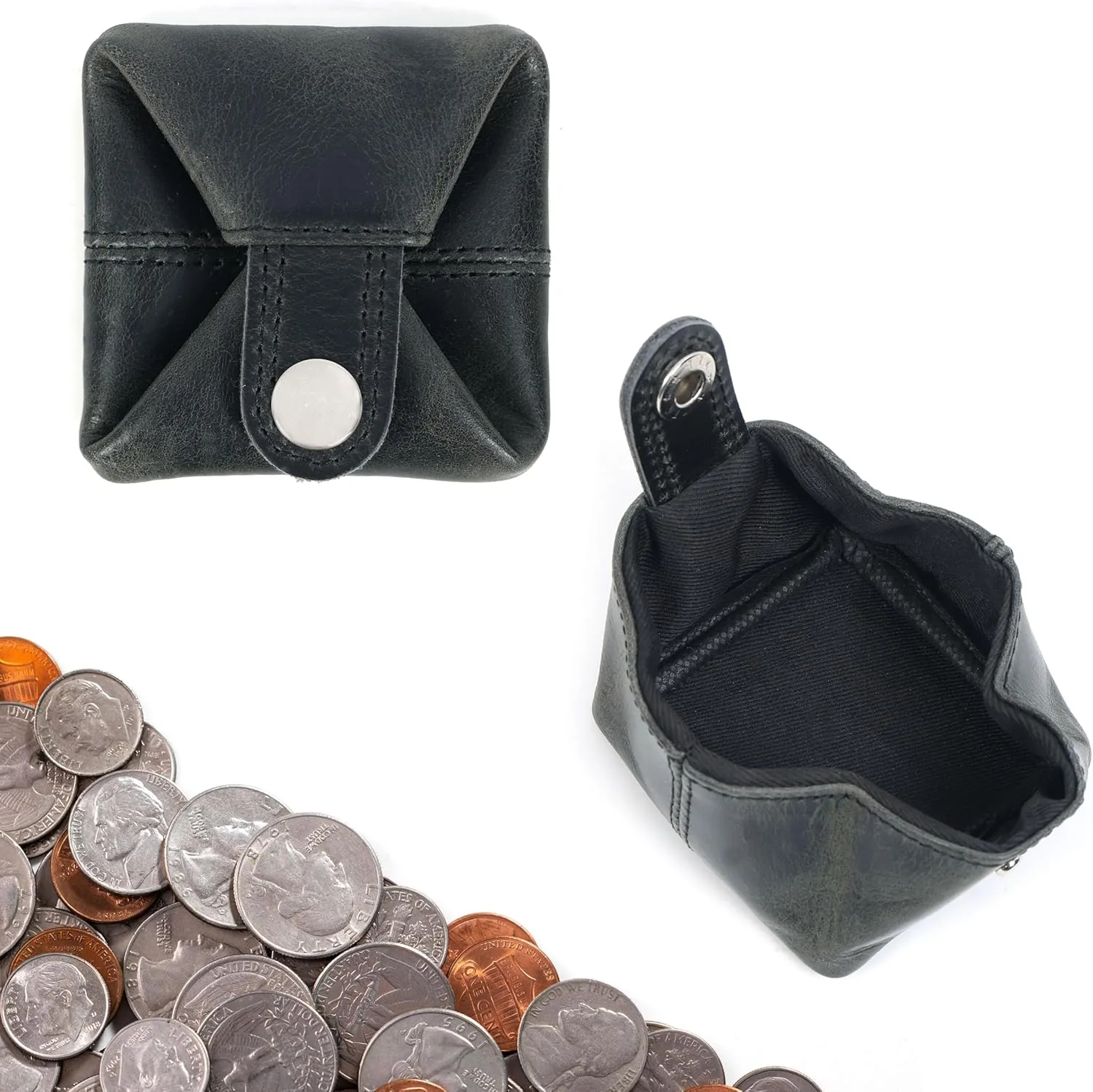 Leather Coin Pouch - Compact Change Holder and Mini Pocket Wallet for Men & Women (Black)