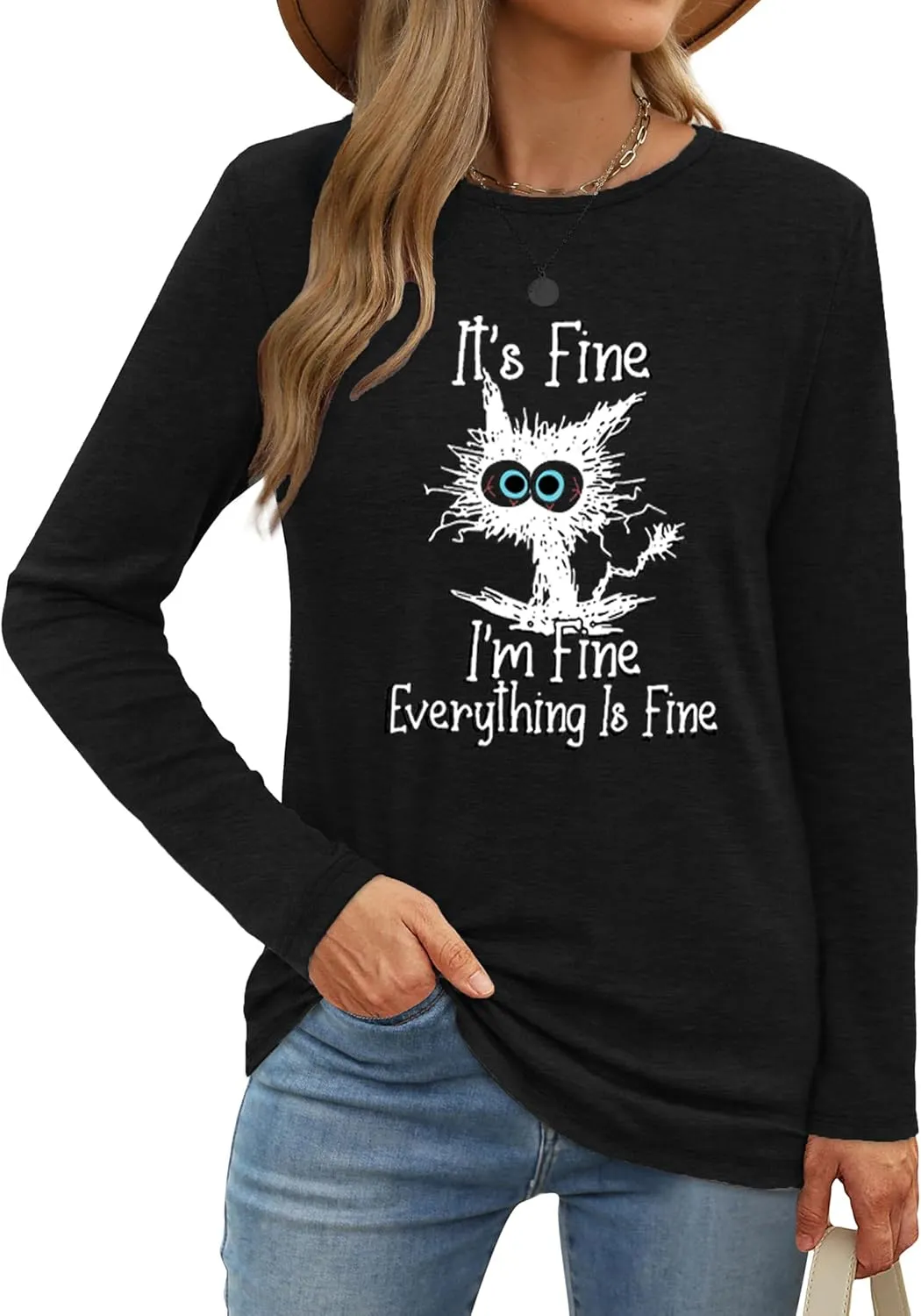 Long Sleeve T Shirts for Women Cute Cat Graphic Tees I‘m Fine Everything is Fine Tops Fall Crewneck Blouse Casual Outfits