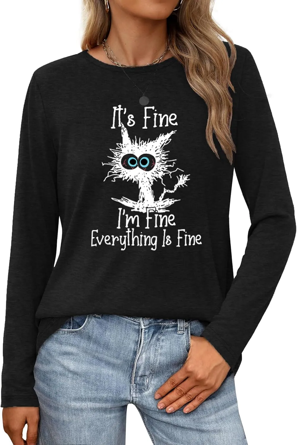 Long Sleeve T Shirts for Women Cute Cat Graphic Tees I‘m Fine Everything is Fine Tops Fall Crewneck Blouse Casual Outfits