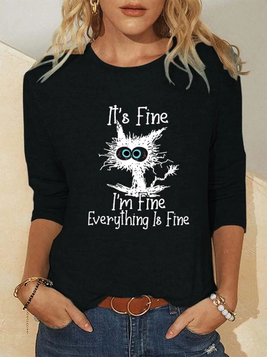 Long Sleeve T Shirts for Women Cute Cat Graphic Tees I‘m Fine Everything is Fine Tops Fall Crewneck Blouse Casual Outfits