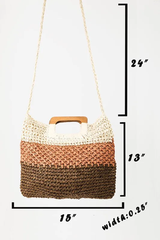 Three Tone Striped Square Wood Handle Woven Braided Straw Tote Bag