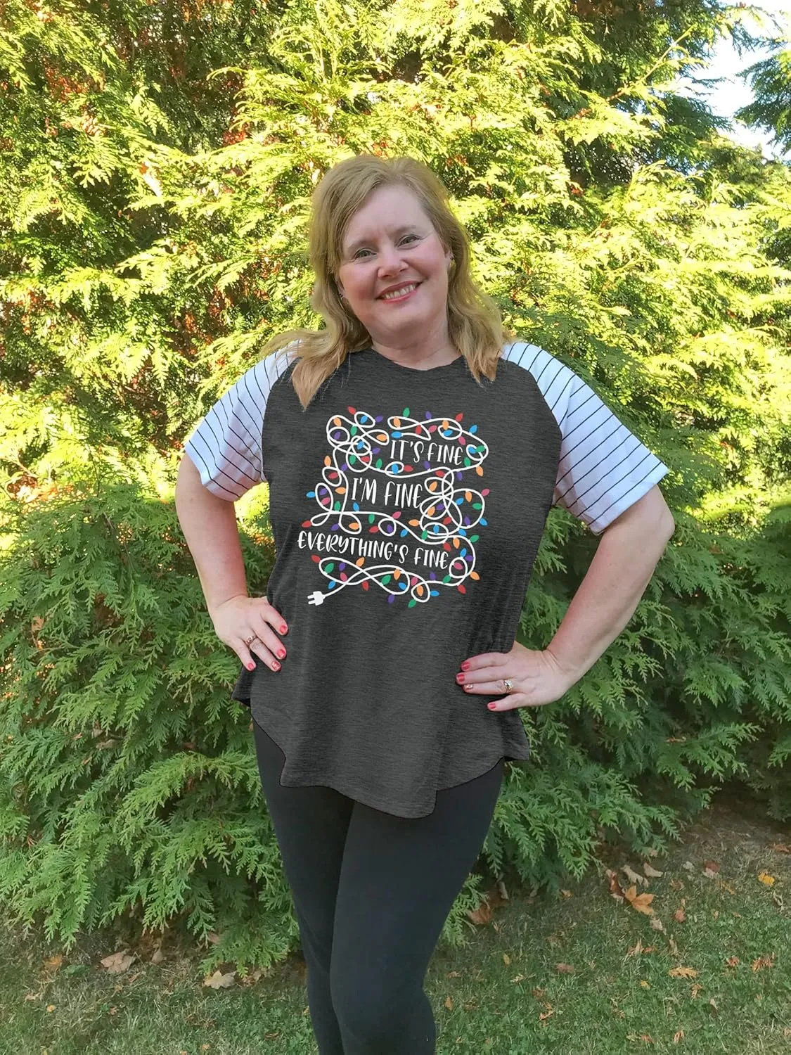 Women Plus Size I'm Fine Everything is Fine Shirt Funny Tangled Christmas Lights Striped Short Sleeve Oversized Tee Tops