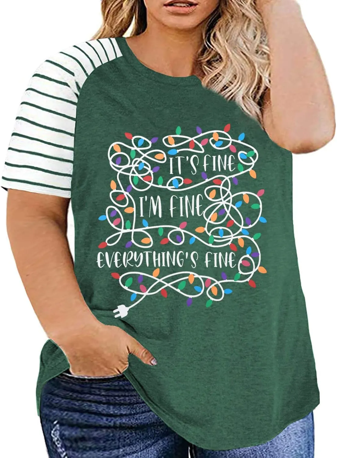 Women Plus Size I'm Fine Everything is Fine Shirt Funny Tangled Christmas Lights Striped Short Sleeve Oversized Tee Tops