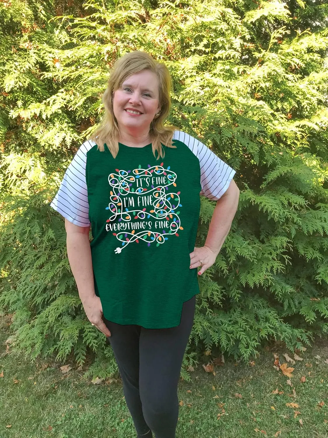 Women Plus Size I'm Fine Everything is Fine Shirt Funny Tangled Christmas Lights Striped Short Sleeve Oversized Tee Tops
