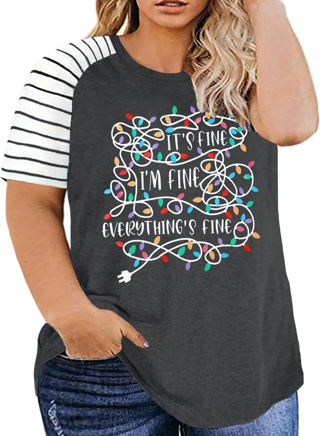 Women Plus Size I'm Fine Everything is Fine Shirt Funny Tangled Christmas Lights Striped Short Sleeve Oversized Tee Tops
