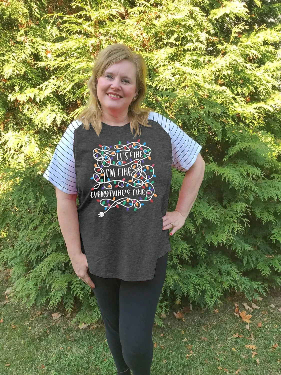Women Plus Size I'm Fine Everything is Fine Shirt Funny Tangled Christmas Lights Striped Short Sleeve Oversized Tee Tops