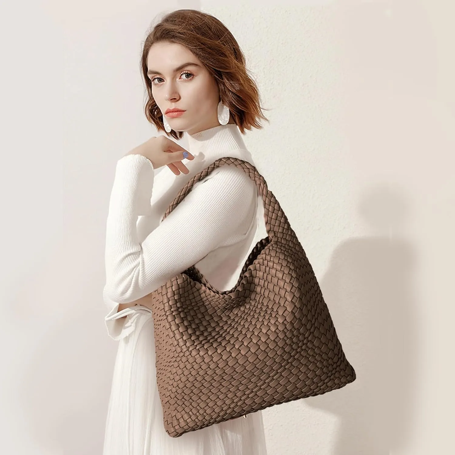 Woven Bag for Women, Vegan Leather Tote Bag Large Summer Beach Travel Handbag and Purse Retro Handmade Shoulder Bag