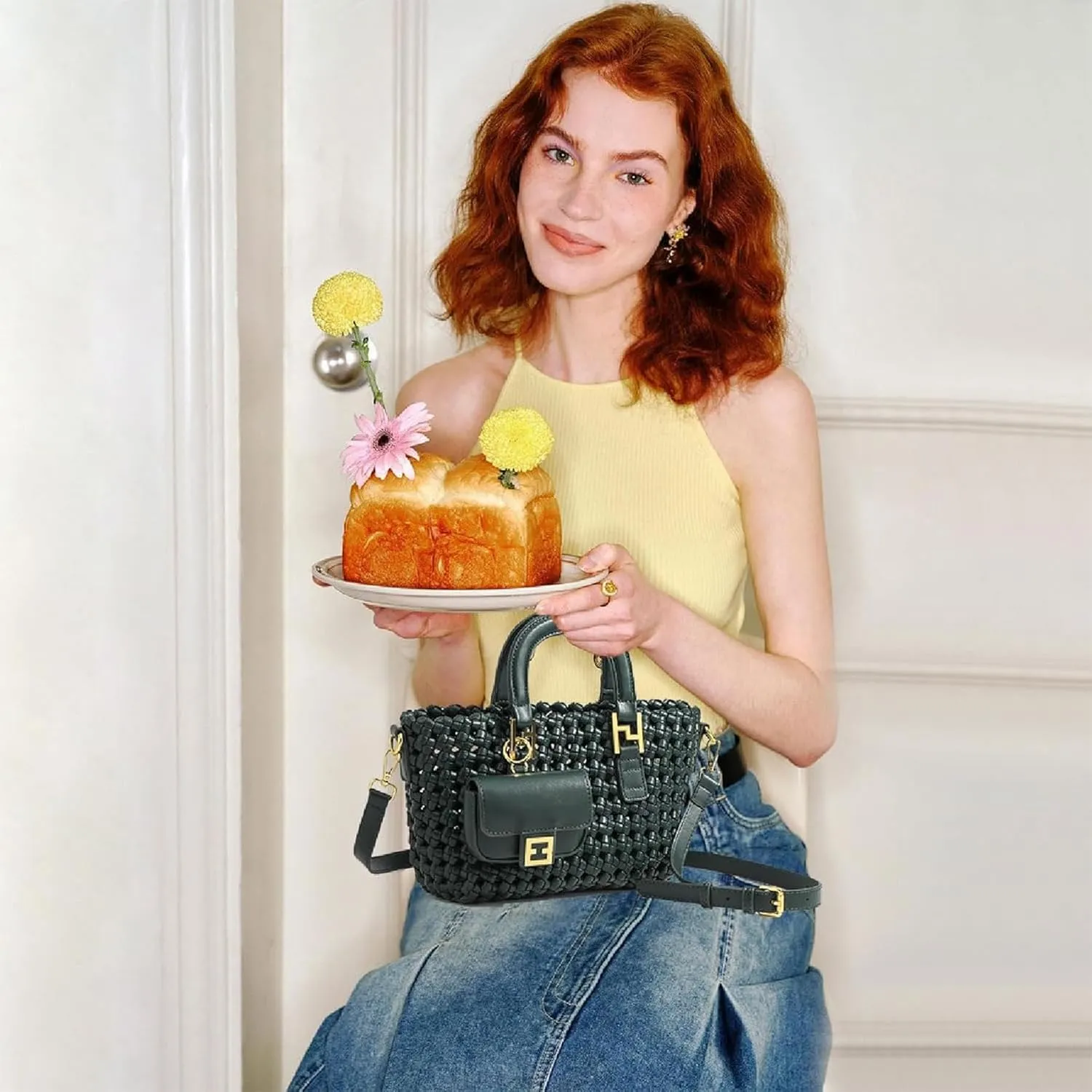 Woven Tote Bag For Women, Fashion Crossbody Shoulder Bag, Casual Top-handle Handbags, and Travel Purses Phone Bag